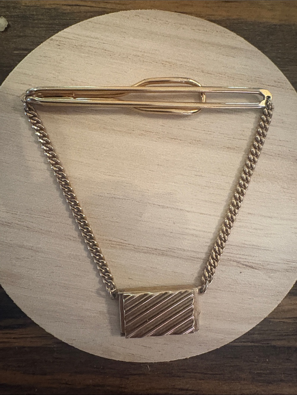 Vintage Swank Gold Tone Photo Locket Tie Clip / Tie Chain Bar Accent